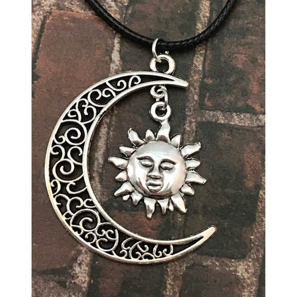 Silver Tone Filigree Crescent Celtic Moon and Sun